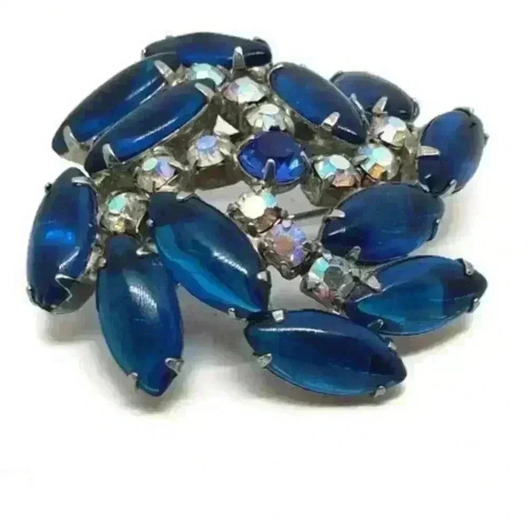 Vintage Brooch Blue Marquise Cabochon & AB Rhinestone Swirl Pin - Picture 3 of 5